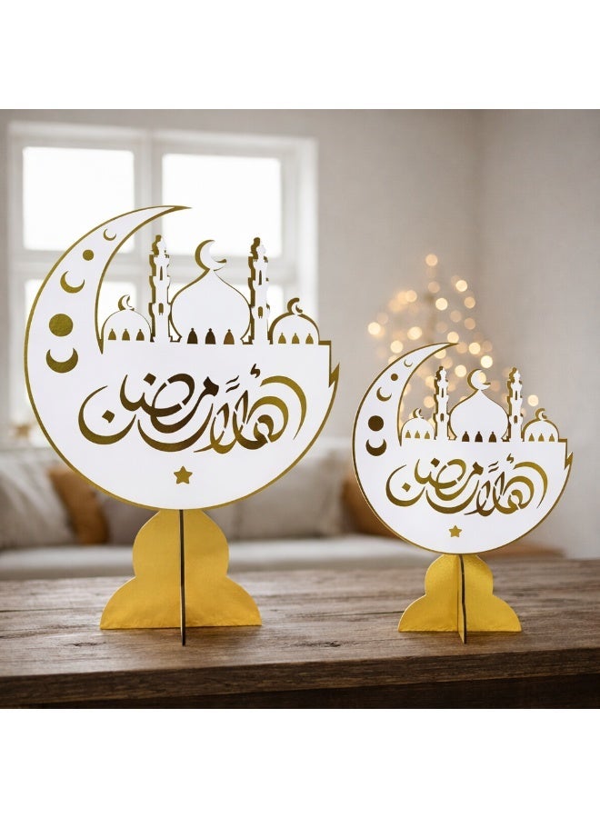 Ramadan Crescent Moon Tabletop Decoration Set, Gold, White and Black, 2 Piece Set with Large and Small, Islamic Holiday Home Decor - Image 2